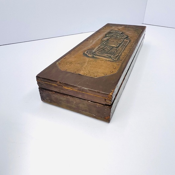 Vintage Handmade Wooden Pencil Box With Copper Bas-Relief Design Truck Transport - Picture 2 of 13